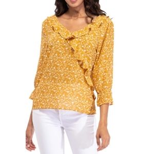 Bobeau Top Women's Small Mustard Brown V-Neck Pullover Ruffled Blouse